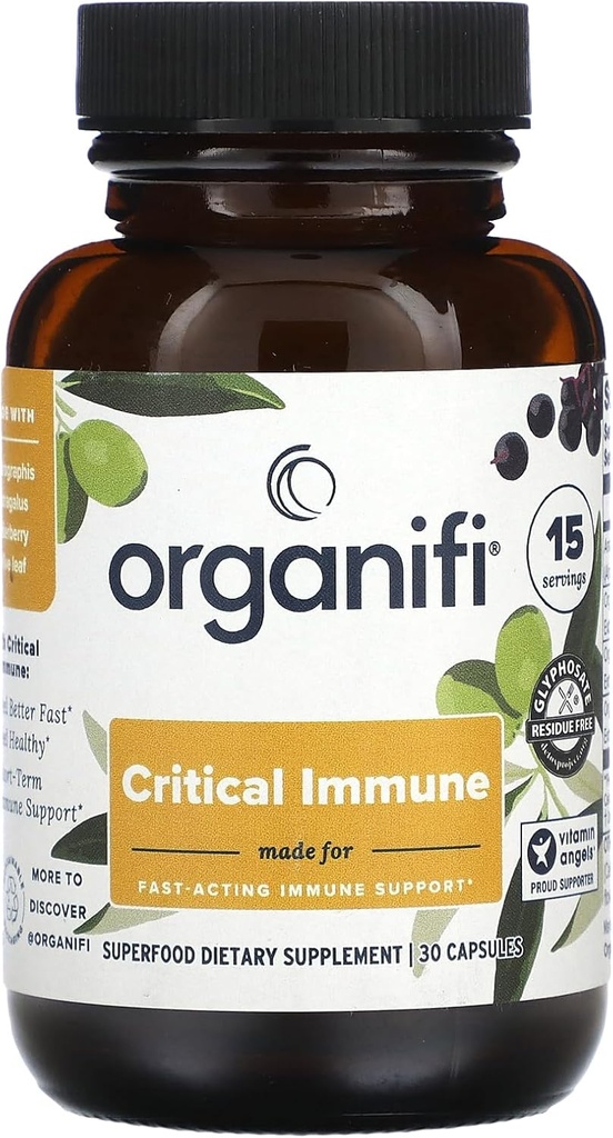 Organifi - Kritisk immunforsvar - Superfood immunsupport Blend - 30 kapsler - Kraftfuld Blend af Elderberry, Andrographis, Astragalus og Olive Leaf Extract - Rig i C-vitamin og antioxidanter