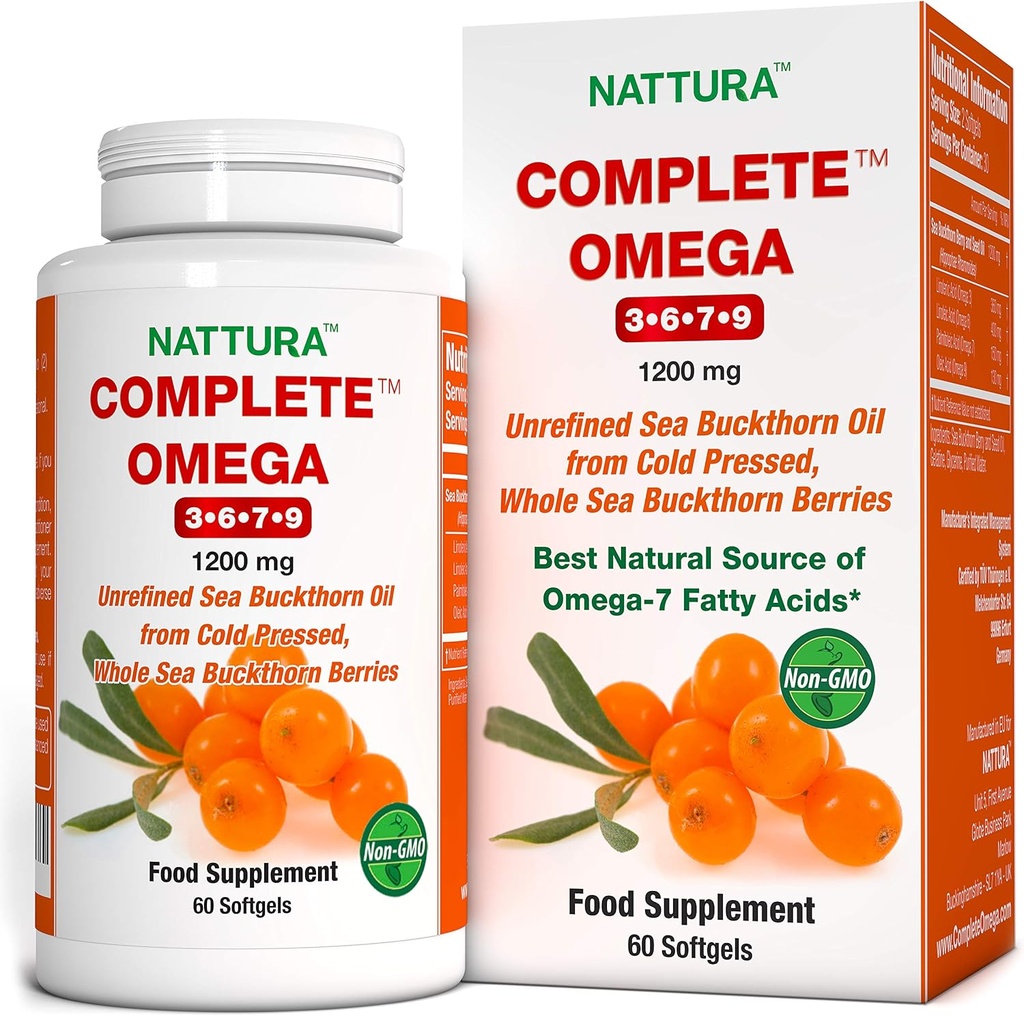 Nattura Complete Omega 3-6-7-9, Pure Sea Buckthorn Oil, europæisk kvalitet, fra uraffineret, kold presset hele havet Buckthorn Wild Berries - 1,200mg - 2 flasker