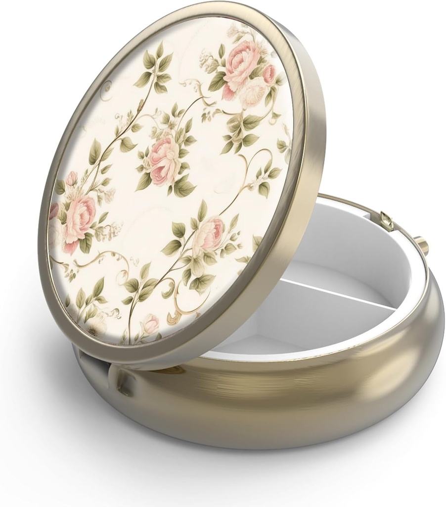 Pill Case Pill Box med spejl Retro 3 Segment Lille Pill Case for purse eller Pocket Bronze Lille Roud Pill Box eller Vitaminer, Fiskeolie, Kosttilskud, Pill Containe Rejsegaver Vintage Blomstervarer