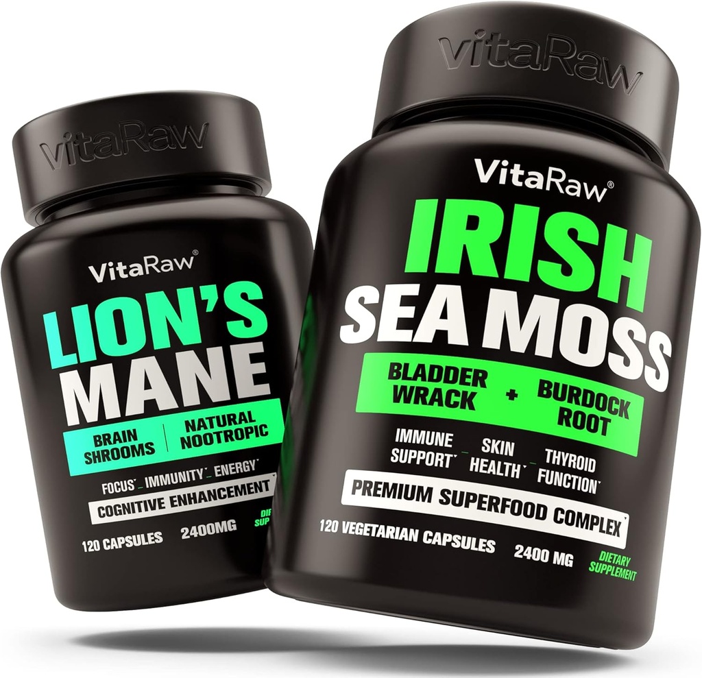 Lions Mane Mushroom + Irish Sea Moss - Brain Booster Memory & Energy + immunstøtte, Joint & Thyroid og Gut Sundhed