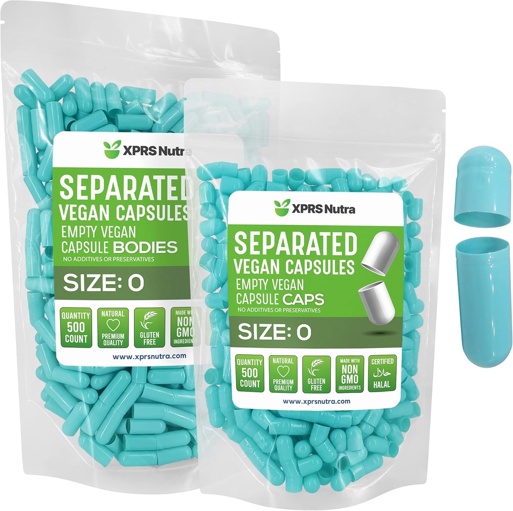 XPRS Nutra Vegan Størrelse 0 Separated Kapsler - 500 Grev Premium Tomme Kapsler Separeret i poser - Piller 0 Tom for DIY Supplement Fyldning (Aqua)