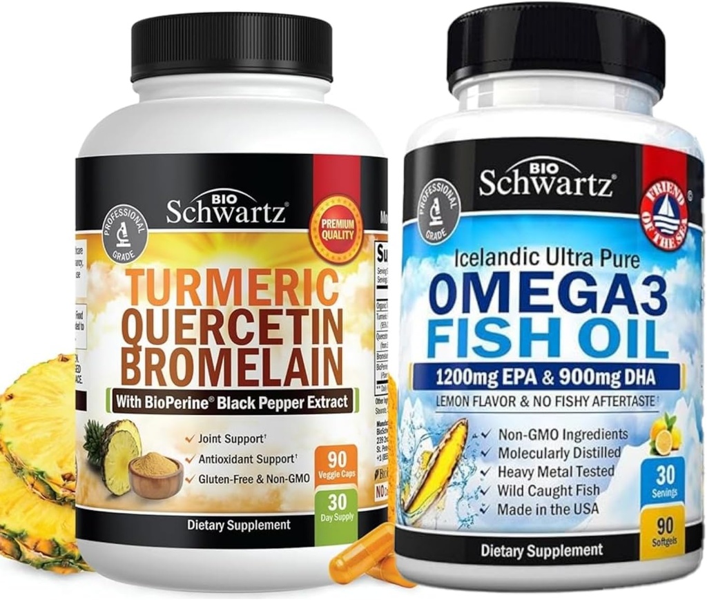 Gurkemeje Quercetin med Bromelain Supplement (1 måned Tilgang) Plus Triple Strength Omega 3 Fish Oil Softgels (1 måned Tilgang)