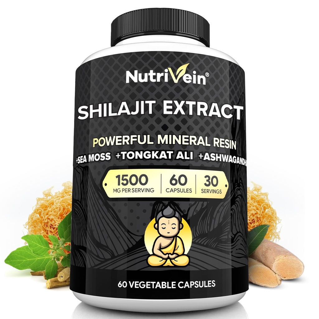 Nutrivein Premium Pure Himalayan Shilajit for mænd og kvinder - 1500 mg - 60 Capsules - Kraftfuld Resin Extract Blended with Irish Sea Moss, Tongkat Ali, & Ashwagandha - Vitality, Clarity, & Performance