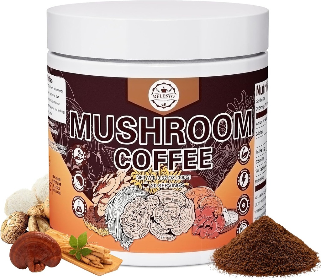 Mushroom kaffe, Instant Mushroom kaffe champignon pulver blend (20 Servere) med Cordyceps, Reishi, Lions Mane, Shiitake, King Trumpet, Mushroom supplement til energi, fokus, immunforsvar
