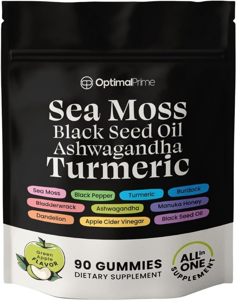 Optimal Prime Sea Moss og Black Seed Oil Gummies, Ashwagandha, Gurkemeje, Manuka Honey, ACV, Mælkebøtte, Black Pepper, Burdock, Bladerwrack, Vegan, 90 Gummies 45 Day Supply