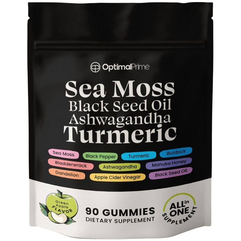 Optimal Prime Sea Moss og Black Seed Oil Gummies, Ashwagandha, Gurkemeje, Manuka Honey, ACV, Mælkebøtte, Black Pepper, Burdock, Bladerwrack, Vegan, 90 Gummies 45 Day Supply