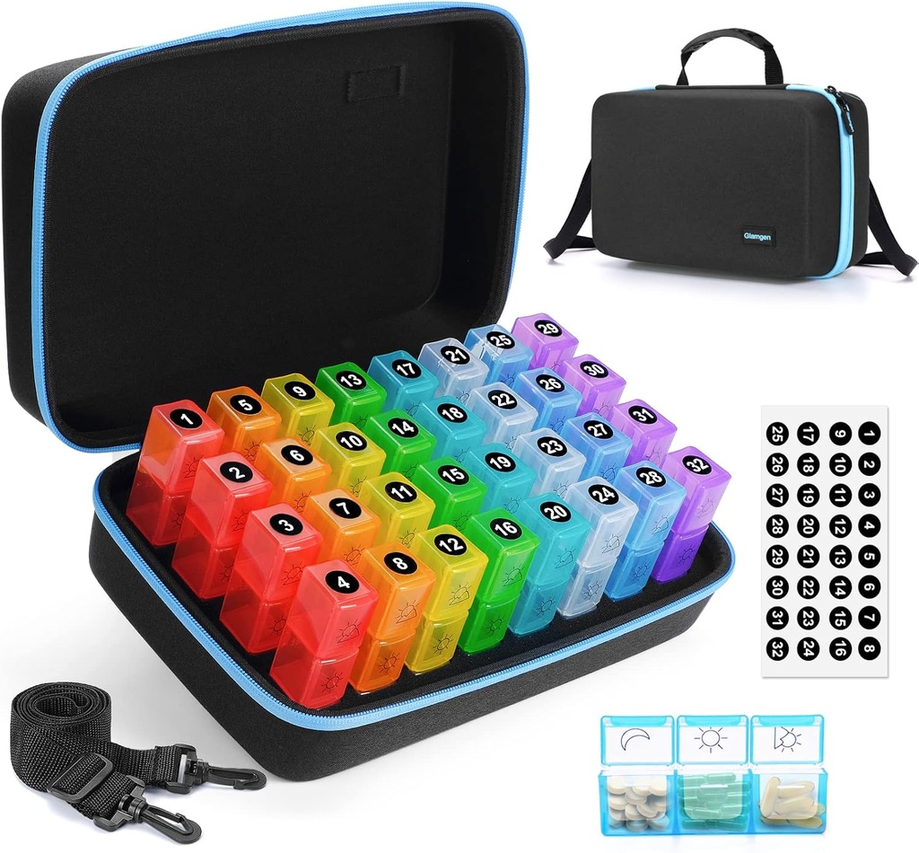Månedlig Pill Organizer 3X en dag, Månedlig Pill Organizer 3 gange om dagen, Medicin Pill bokse med 30 daglige kompartmenter 32 dag Pill Holder med Hård rejse sag for vitamin, tillæg og medicin