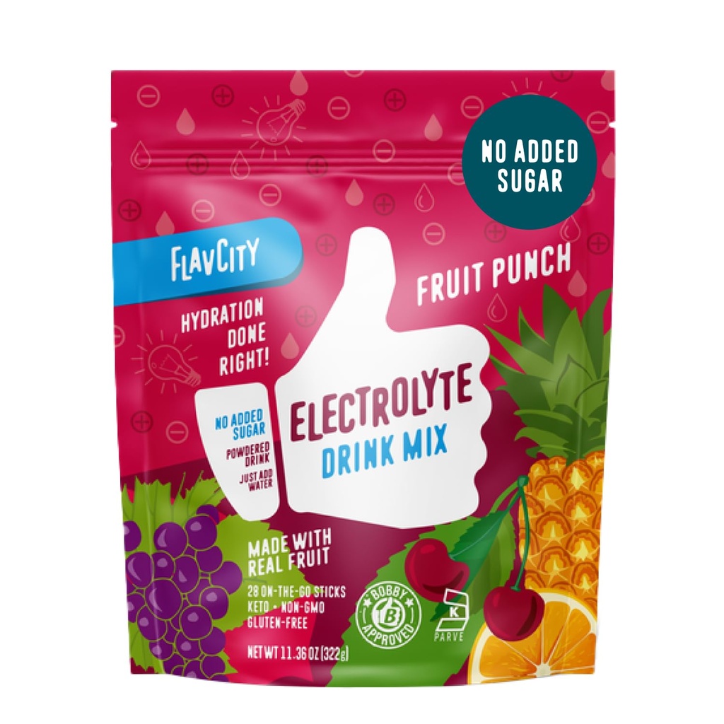 FlavCity Fruit Punch Electrolytes Powder Packets - 28 Hydration Packets - Ingen tilsat sukker - Hydration Powder med Real Fruit & Uraffineret Sea Salt - Keto & Gluten- Free (28 Stick Packs)