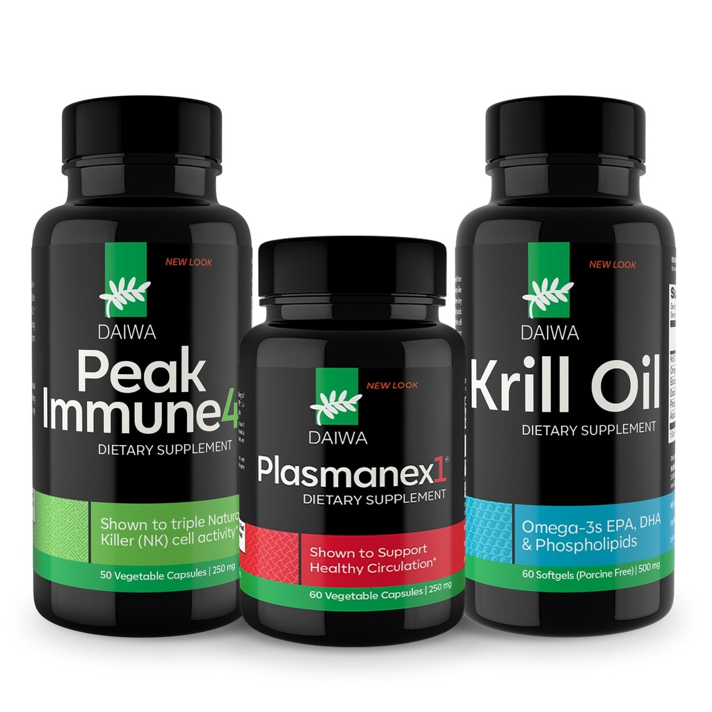 Daiwa Peak immun 4 - Natural Immunsystem Booster + Plasmanex 1 - blodcirkulation Supplement + Krill Oil - Omega 3 Krill Oil Kapsler