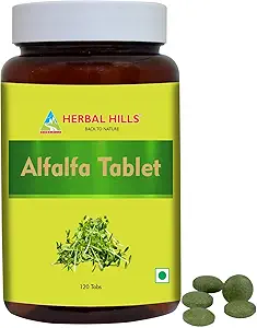 HERBAL HILLS Alfalfa Tablets | 120 Count | Source of Vitamin A | Natural Green Superfoods