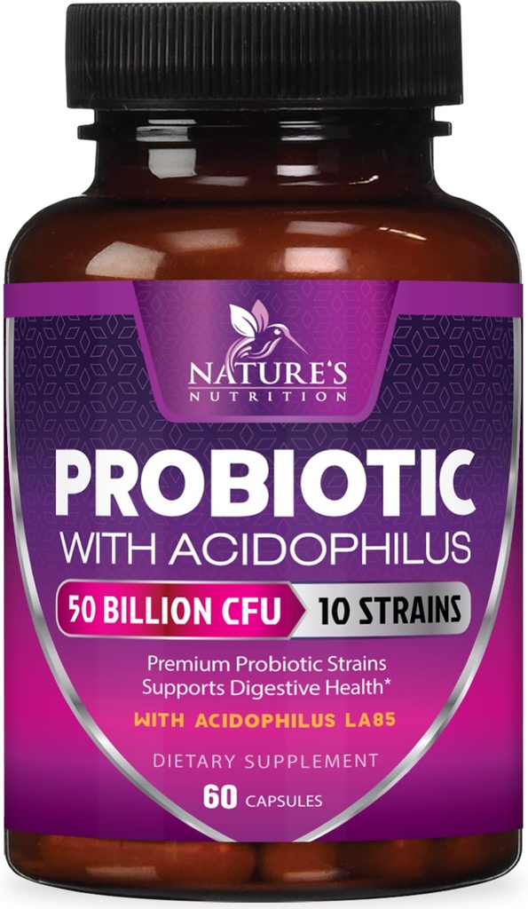 Probiotika 60 Millioner CFU per servering - 10 Stammer + Prebiotika - fordøjelsessygdomme, Gut & immunforsvar - understøtter lejlighedsvis obstipation, gas & bloating for kvinder & mænd Hylde Stabil - 60 kapsler
