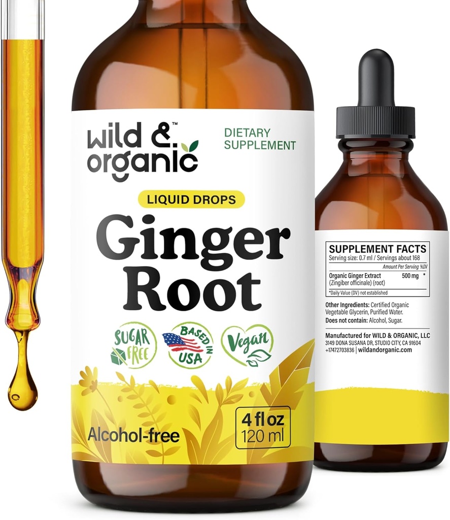 Wild & Organic Ingefær Root Extract Drops - immunforsvar & fordøjelsesstøtte - flydende ingefær kosttilskud - Vegan, Sukker & Alkohol- Gratis tinktur - 4 fl oz