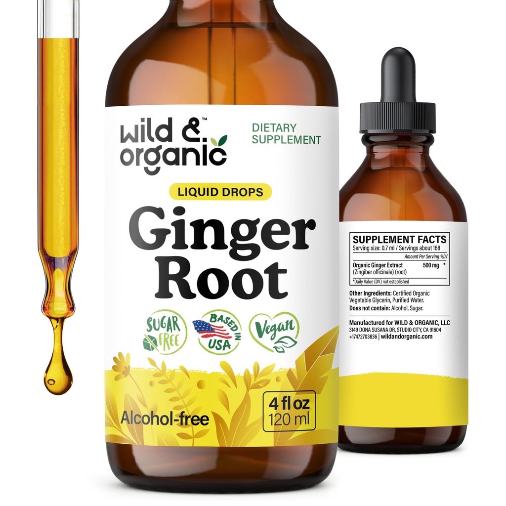Wild & Organic Ingefær Root Extract Drops - immunforsvar & fordøjelsesstøtte - flydende ingefær kosttilskud - Vegan, Sukker & Alkohol- Gratis tinktur - 4 fl oz