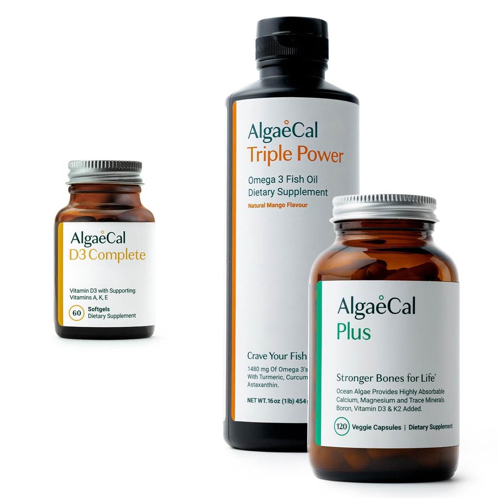 ALGAECAL Bundle - D3- vitamin Complete (1000 IE) + Vitamin K2, E & A & Plant- baseret Calcium til stærkere Bones & Fish Oil Omega 3 1200mg EPA DHA