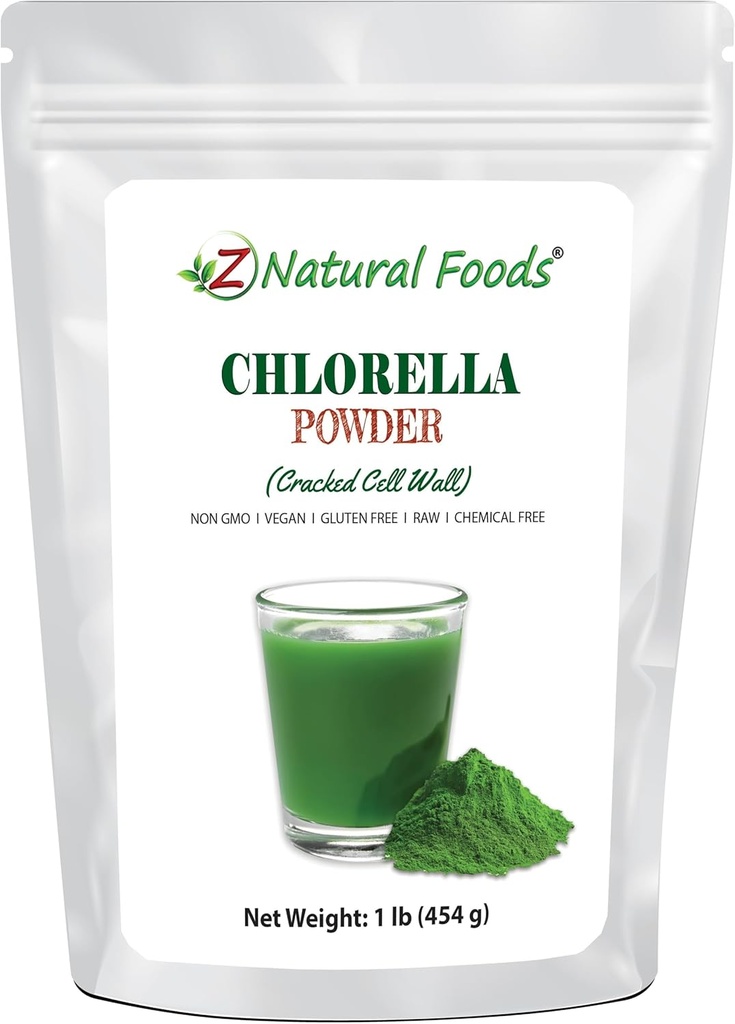 Z Natural Foods Chlorella Powder, Cracked Cell Wall Plant Protein, Blue Green Algae Superfood Powder, Perfekt til smoothies, Drinks, Opskrifter, Raw, Non GMO, Gluten Free, Vegan, 1 LB