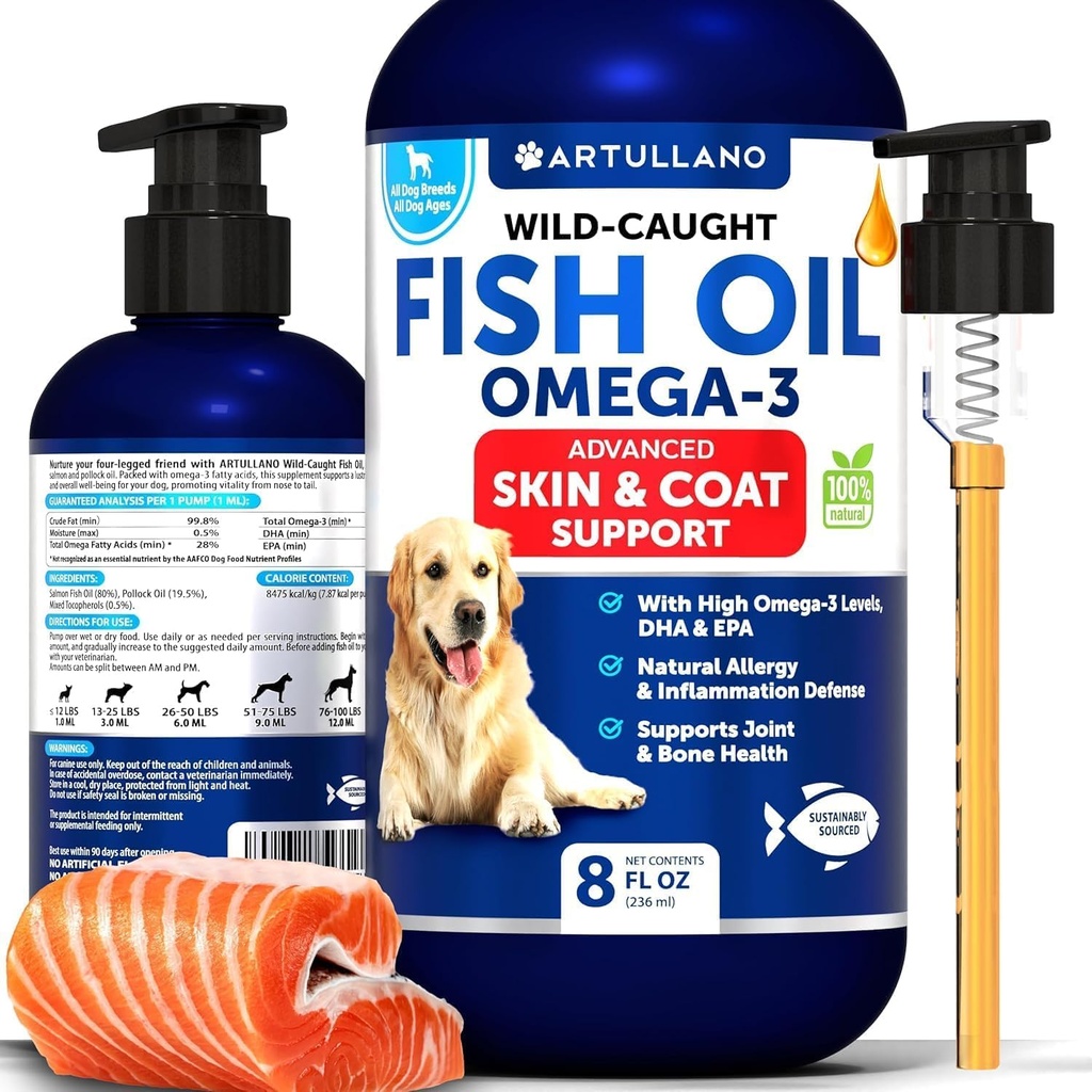 Omega 3 Fish Oil for Dogs - Bedre end lakolie - Hud og Coat Defense Liquid Supplement for Allergy Relief - High EPA & DHA for Shedding, Mobility, Itching, Joint & Bone Health Support - 8 FL OZ