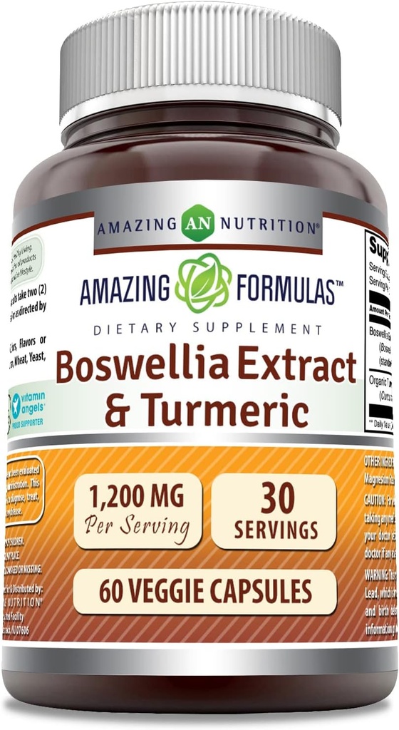 Amazing Formulas Boswellia Extract & Turmeric Supplement | 1200 Mg Per Serving | 60 Veggie Capsules | Non-GMO | Gluten Free | Made in USA |