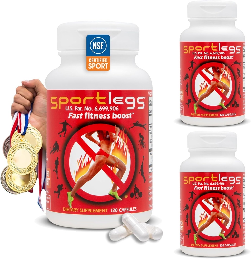 SPORTLEGS Fast Fitness Boost Pre Workout for mænd og kvinder, Mælkesyre supplement, Sport Endurance Fuel, Endurance Kosttilskud til løbere - NSF Certified for Sport, 120- Capsule Flaske, pakke med 3