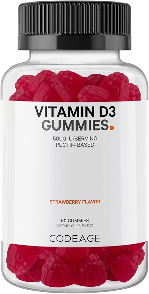 Kodeage D3 Gummy Vitamin, D3 5000 IE Gummies Cholecalciferol 125 mcg - 2 - Måned Supply - Soft Pectin- Based, Animal Gelatin- Free Vitamin Gummy, Strawberry, Gluten- Free - 60 Gummies