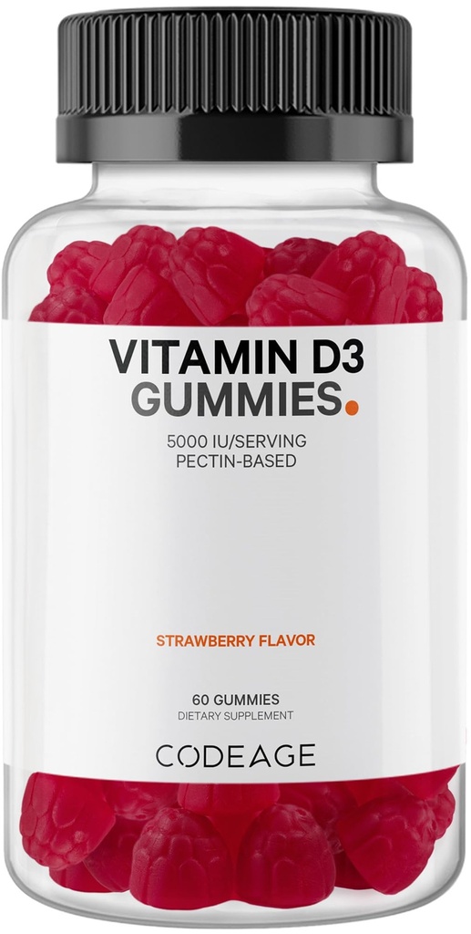 Kodeage D3 Gummy Vitamin, D3 5000 IE Gummies Cholecalciferol 125 mcg - 2 - Måned Supply - Soft Pectin- Based, Animal Gelatin- Free Vitamin Gummy, Strawberry, Gluten- Free - 60 Gummies