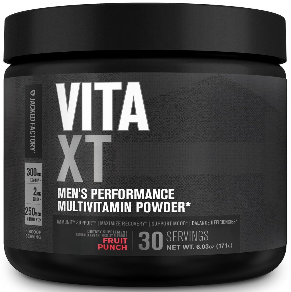 Jacked Factory Vita XT Performance Vitamin Powder - Daily Multivitamin Powder for mænd med KSM- 66 Ashwagandha, Prebiotic Fiber, Vitamin A, C, D, K, B6, B12, & More - Fruit Punch, 30Sv
