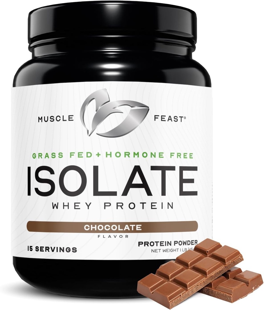 Muskel Feast Grass- Fed Whey Protein Isolate, Alle naturlige Hormone Free Pasture Raised, Whey Isolate Protein Powder for mænd og kvinder, Clean, Gluten- Free, Lækker Isolate Protein - Chokolade, 1lb