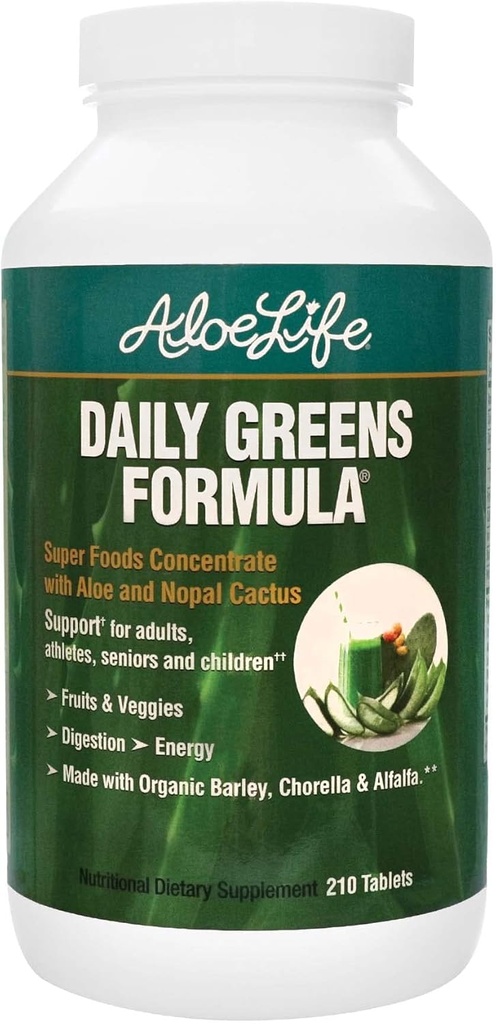Aloe Life - Daily Green Tablets, Certified Organic Health Supplement, Antioxidants, 21 Frugter, Veggies, & Urter herunder Aloe & Nopal Cactus, Low- Calorie, Keto- Friendly, Gluten- Free (210 tabletter)