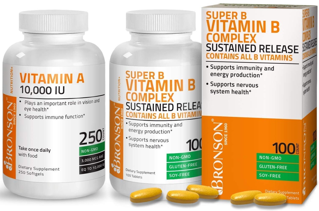 Bronson Super B vitamin B kompleks Vedvarende langsom frigivelse + vitamin A 10.000 IE Premium non- GMO formel