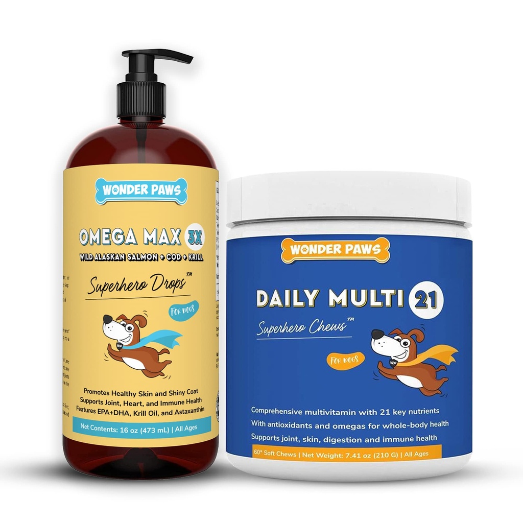 WONDER PAWS Omega Max Fish Oil Plus Daily Multivitamin Chews - for hund fælles sundhed, hudfugt, immunsystemet Support & Daily Wellness - Omega Max 16 Ounces - Multivitamin 60 Chews
