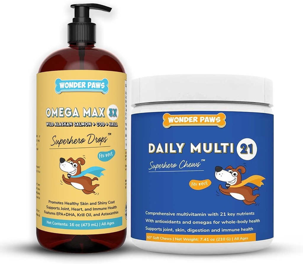 WONDER PAWS Omega Max Fish Oil Plus Daily Multivitamin Chews - for hund fælles sundhed, hudfugt, immunsystemet Support & Daily Wellness - Omega Max 16 Ounces - Multivitamin 60 Chews