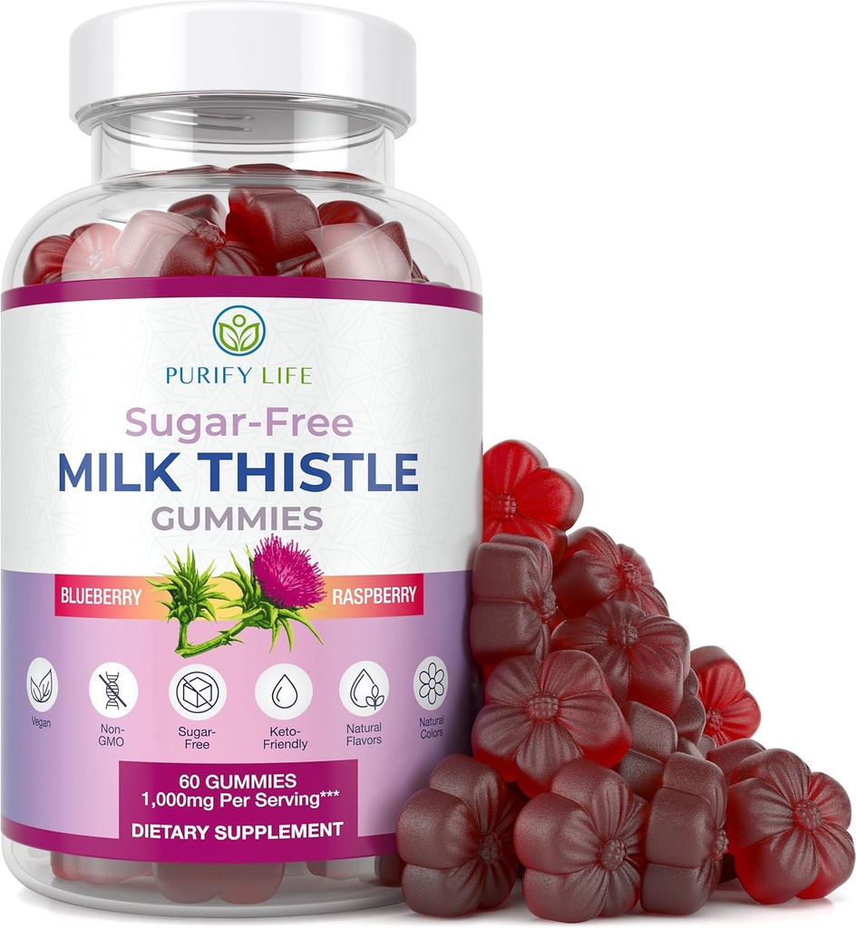 Sugar- Free Milk Thistle Gummies for Liver Cleanse Detox & Repair (Natural Blueberry- Raz Flavor) Cardo Mariano, Cleansing Milk Thistle Extract & Antioxidant Support, Vegan, Erstatter piller & kapsler