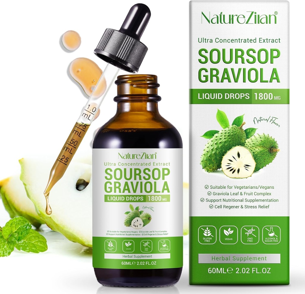 Soursop Graviola Liquid Drops - Soursop Bitters Liquid - Soursop Leaves Extract - Natural Antioxidant - Cell Support & Regeneration - Immunboost - Slap af - Lever og søvn (1)