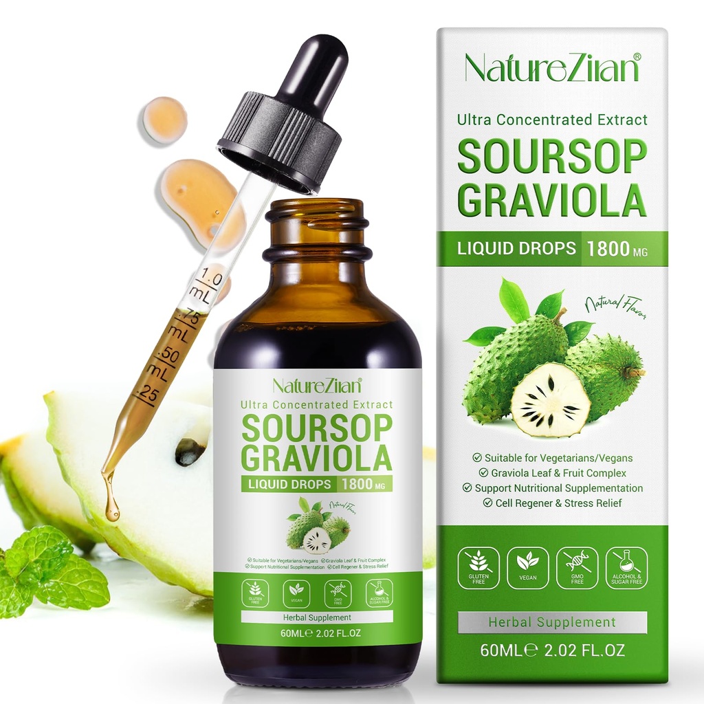 Soursop Graviola Liquid Drops - Soursop Bitters Liquid - Soursop Leaves Extract - Natural Antioxidant - Cell Support & Regeneration - Immunboost - Slap af - Lever og søvn (1)