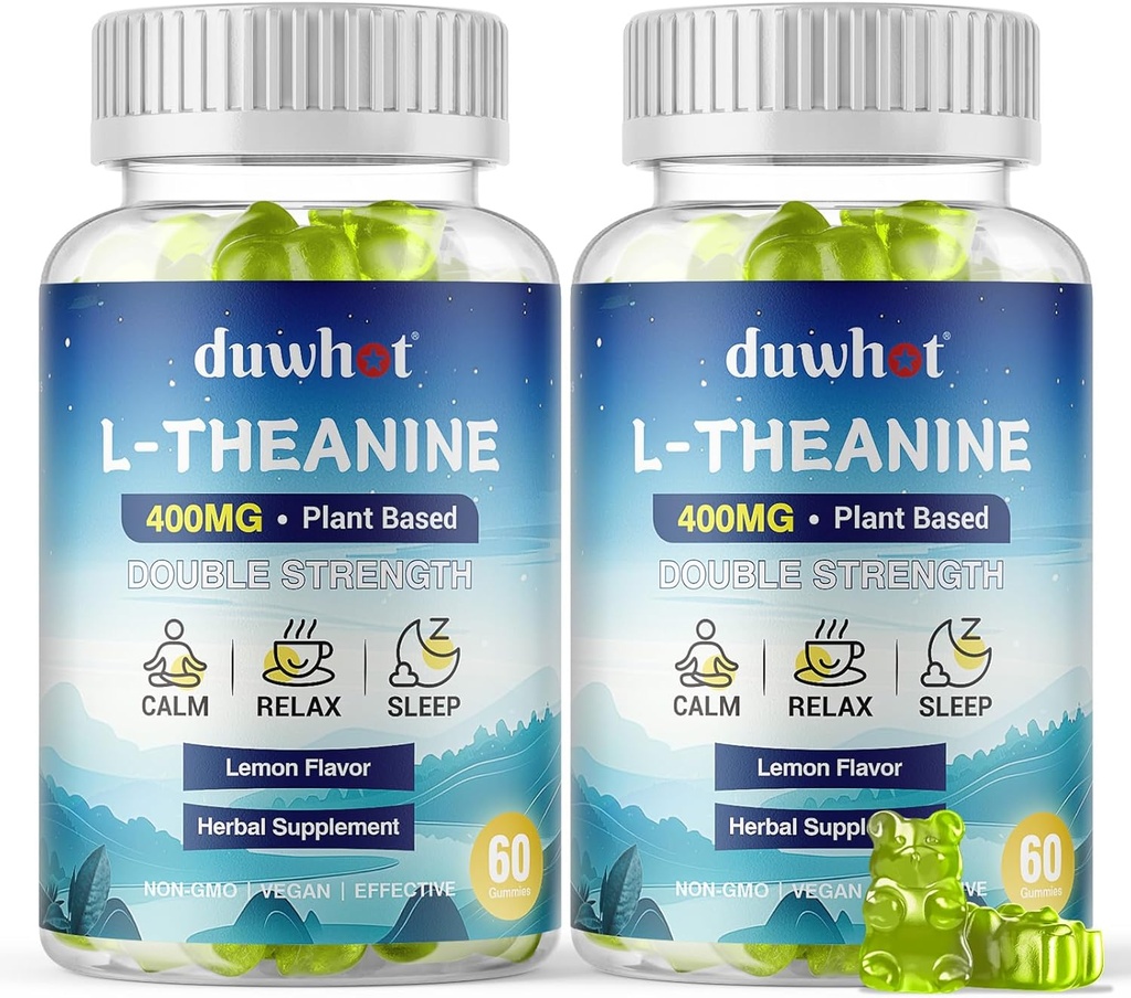 L- Theanine Gummies 400mg, Chewable Theanine Supplement for voksne & børn 4 +, Natural Stress Relief, zzZ & Focus Supplement, Vegan, Lavsukker, Non- Drowsy, Lemon Flavor, 120 Chewables