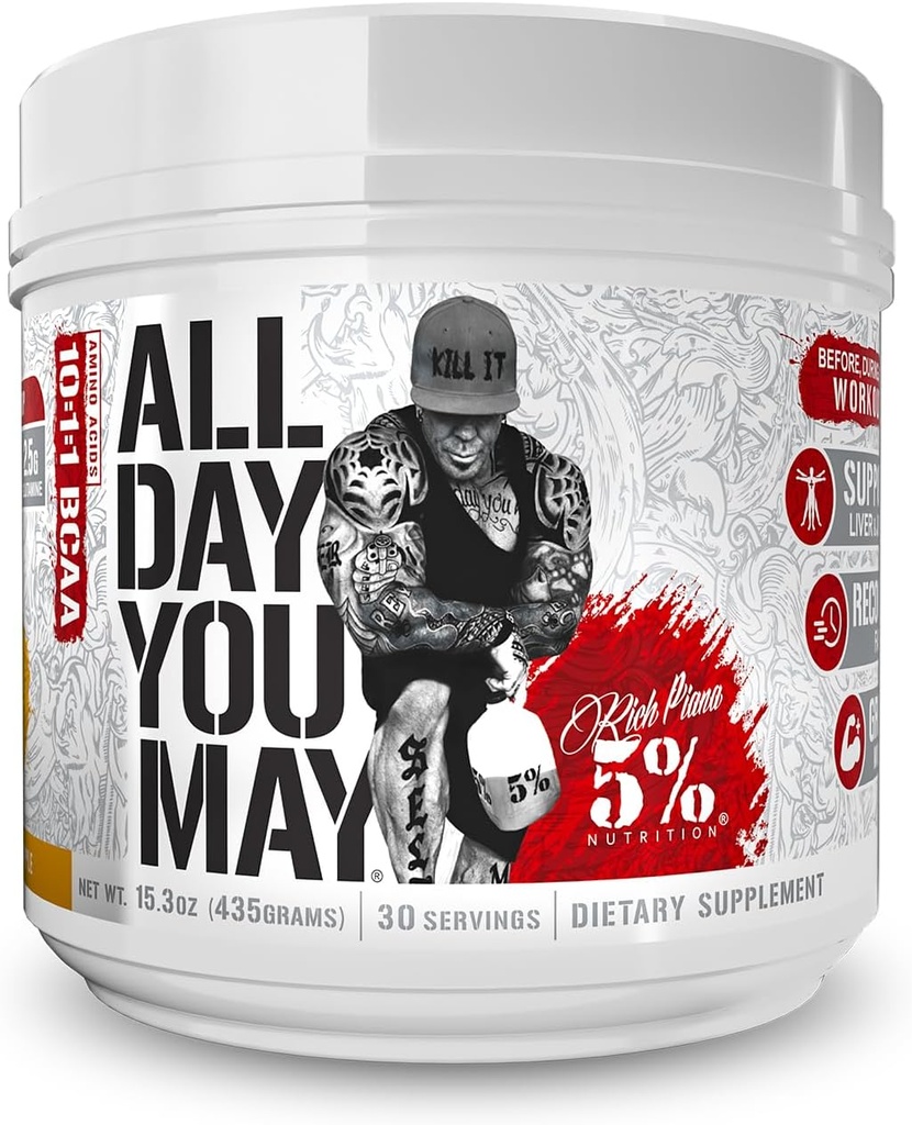 5% Nutrition Rich Piana AllDayYouMay BCAA Powder Б124; Premium Intra & Post Workout Aminosyrer, Hydration, Endurance, Muscle Recovery, Joint & Liver Support Б124; 15.3 oz, 30 Servere (Mango Pineapple)