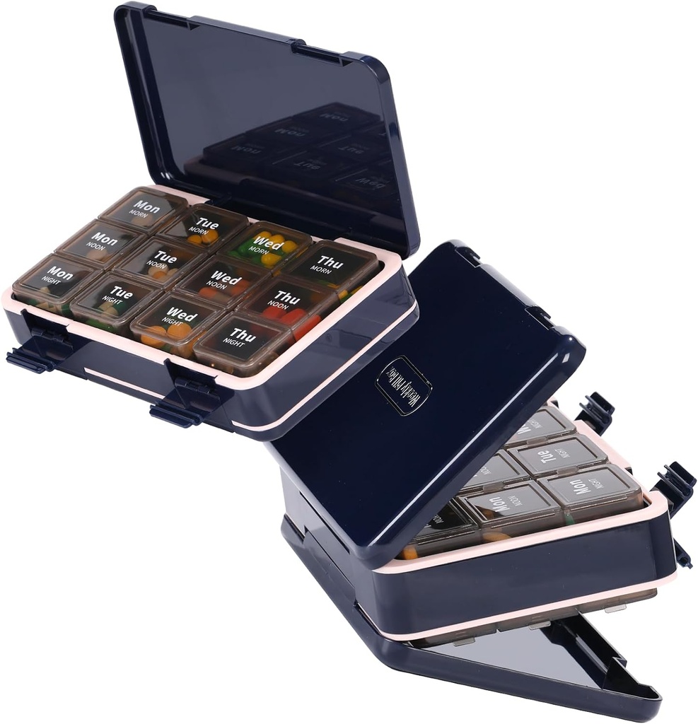 Pill Organizer 3 gange om dagen, Ugentlig Pill Box Medicin Organizer Box, Travel Double Side 7 Day Pill Case med Backup One Day Hold, for Fish Oils, Vitamin Holder tillæg