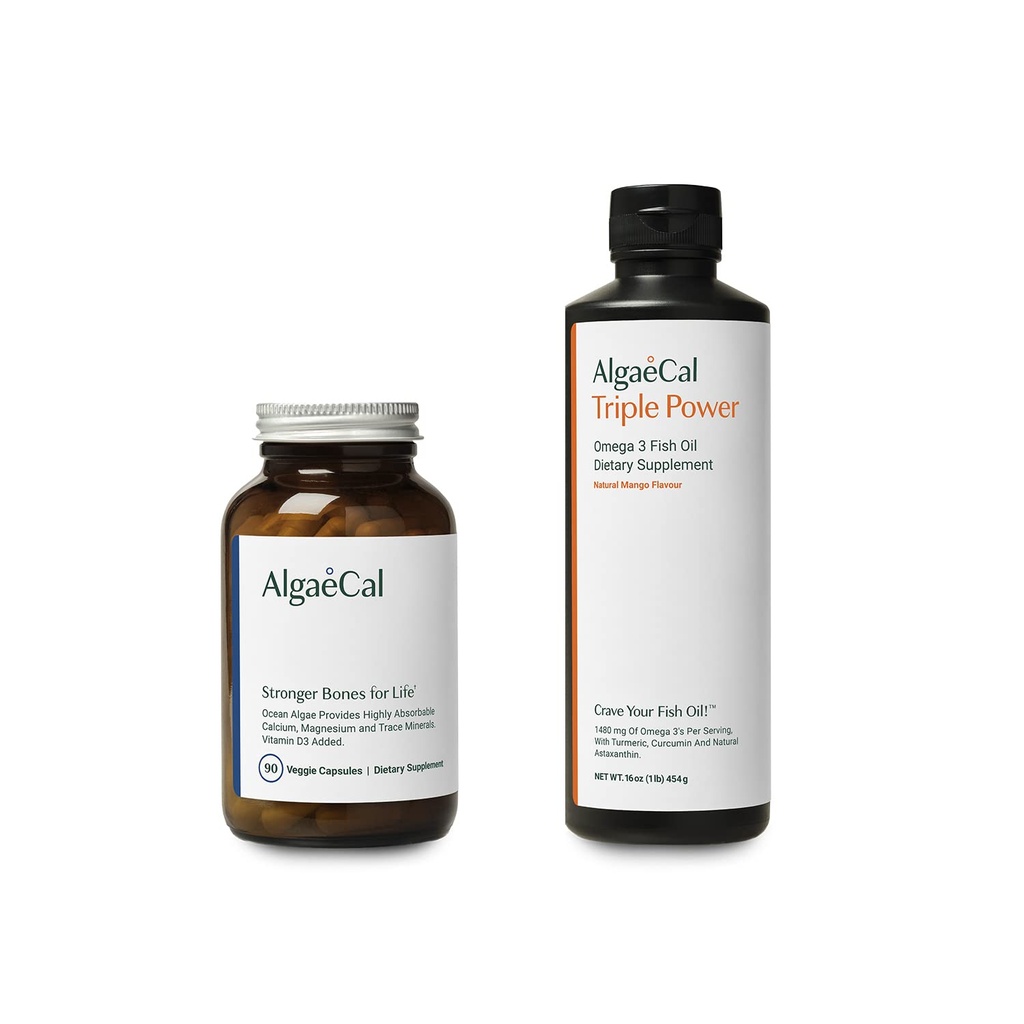 AlgaeCal Bundle - Plant baseret Calcium supplement med vitamin D3 for ben sundhed & styrke & Triple Power Omega-3 Fish Oil Natural Liquid Emulsion med EPA & DHA, Curcumin, Astaxanthin