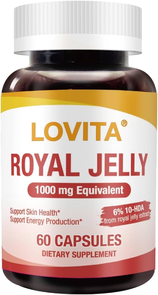 Lovita Royal Jelly 333 mg, 3: 1 Koncentrat, med 20mg 10- HDA, Natural Source Super Food, Understøtter hud sundhed & energi produktion, 60 kapsler