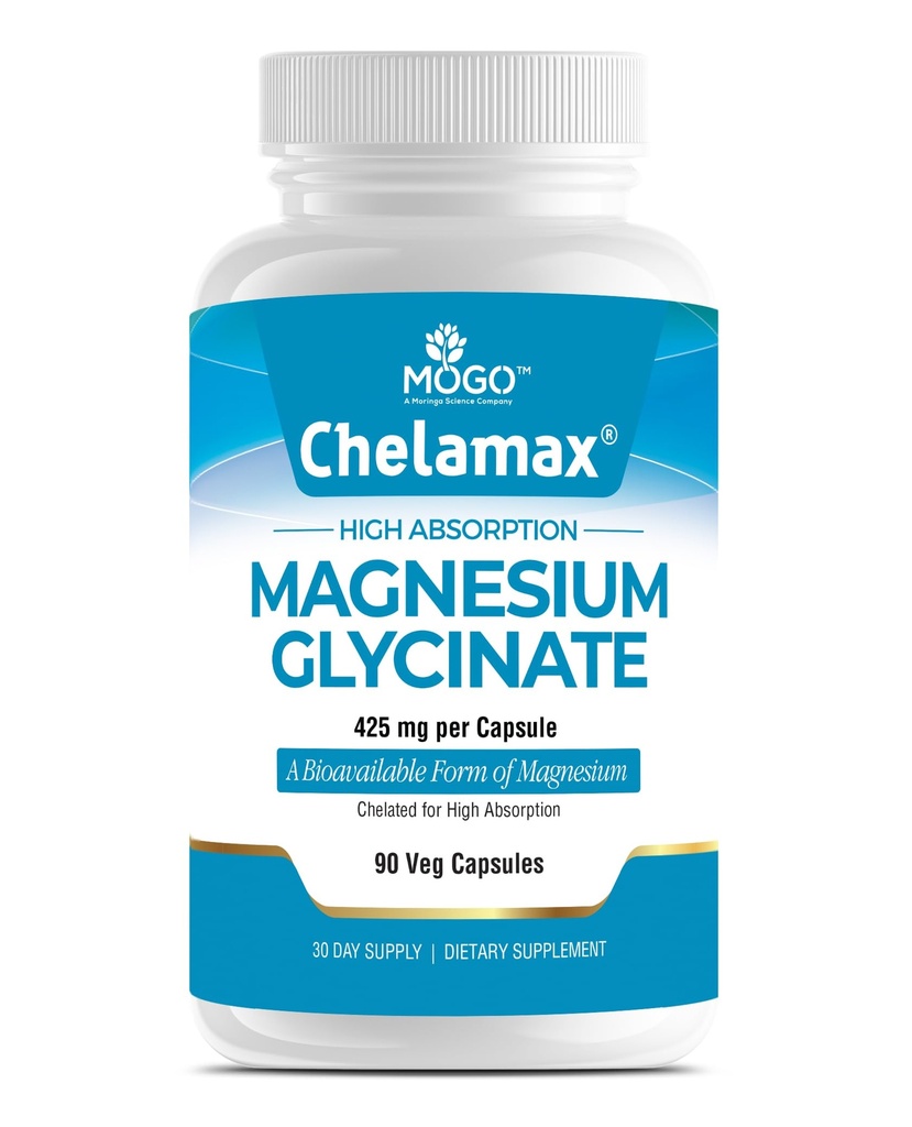 Chelamax Magnesium Glycinat. Dead Sea Sourced, 100% Chelated Magnesium til søvnstøtte, Muskelkramper, Knoglehelbred. Lavet i USA, 3. part Testet, Heavy Metal Free, Glicinato de Magnesio Kapsler.