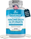 Chelamax Magnesium Glycinat. Dead Sea Sourced, 100% Chelated Magnesium til søvnstøtte, Muskelkramper, Knoglehelbred. Lavet i USA, 3. part Testet, Heavy Metal Free, Glicinato de Magnesio Kapsler.