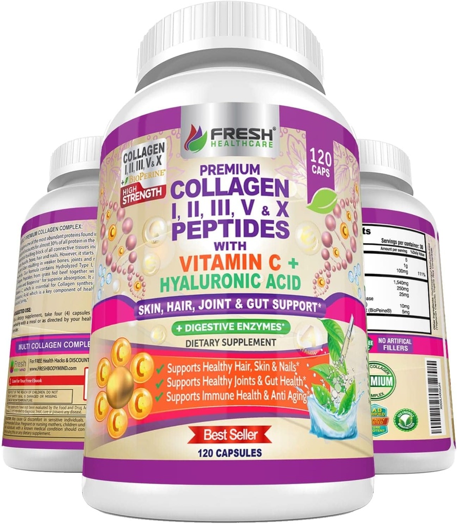 FRESH METHCARE Multi Collagen piller med type I, II, III, V & X peptider med C-vitamin, Hyaluronsyre - understøtter sundt hår, hud, negle og joints - 120 Kosher kapsler