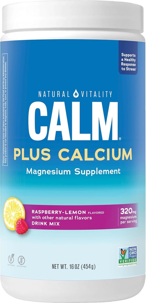 Naturlig Vitality rolig, Magnesium & Calcium supplement, Drink Mix Powder understøtter en sund reaktion på stress, Gluten Free, Vegan, & Non- GMO, Raspberry Lemon, 16 oz