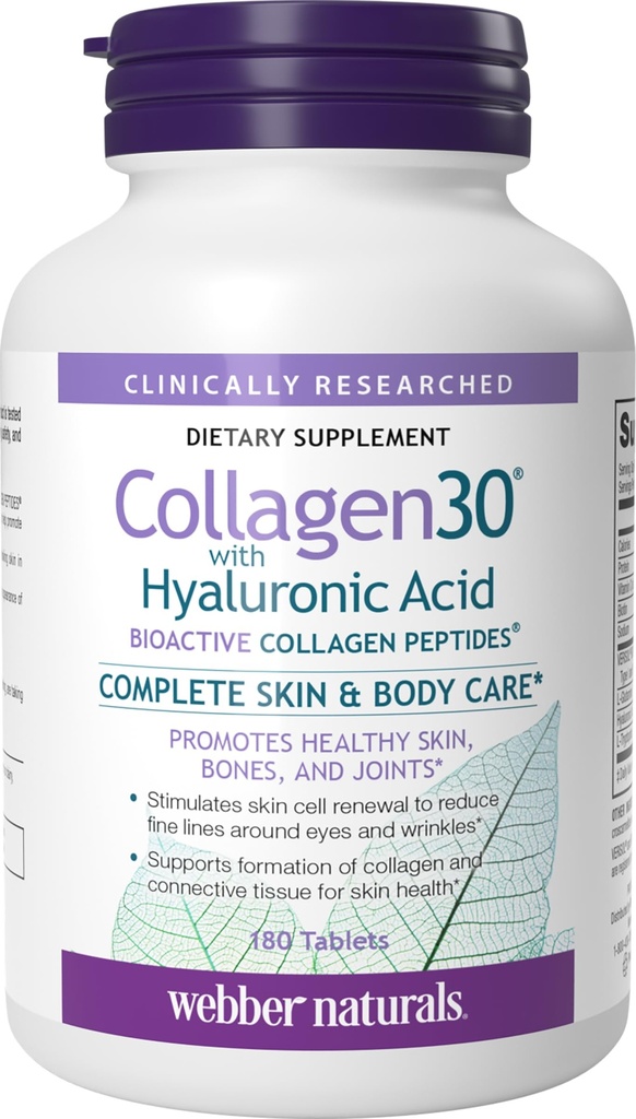 Webber Naturals Collagen30 med Hyaluronsyre, Bioactive Collagen Peptider, 180 tabletter, hjælper med at reducere øjenbryn og fine facial linje, ikke GMO