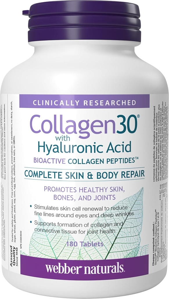Webber Naturals Collagen30 with Hyaluronic Acid, Bioactive Collagen Peptides, 180 Tablets, Helps Reduce Eye Wrinkles and Fine Facial Line, Non GMO