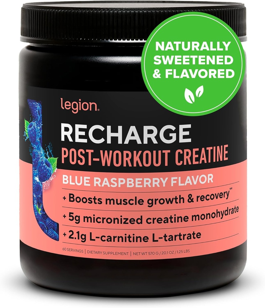 Legion Recharge Post Workout Supplement - Alle naturlige muskel Builder & Inddrivelse drik med mikroniseret Creatin monohydrat. Naturligt sødet & smag, sikker & sund. (Blå Hindbær, 60 Servering)