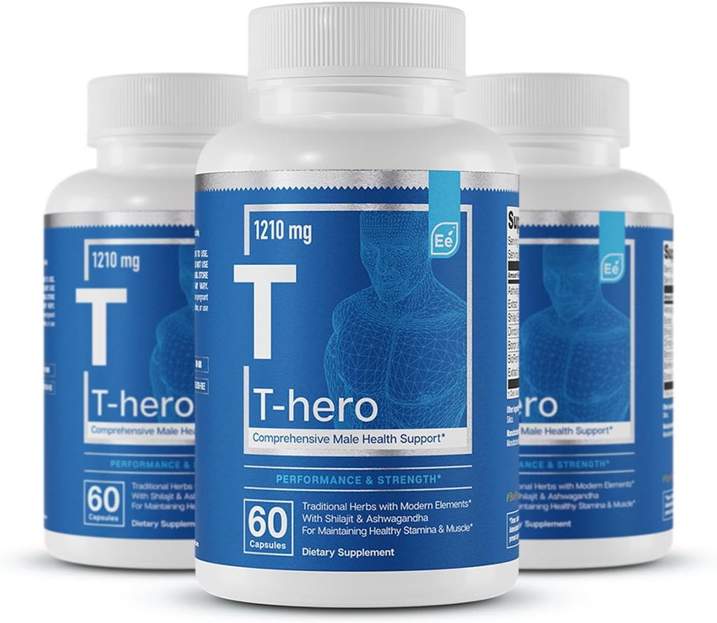 Væsentlige elementer Mandlige sundhed Supplement - Muskel Support & T- Sundhed med DIM, Ashwagandha, Shilajit, Mere Budd124; T- Hero 60 Vegan Kapsler (3- Pack)