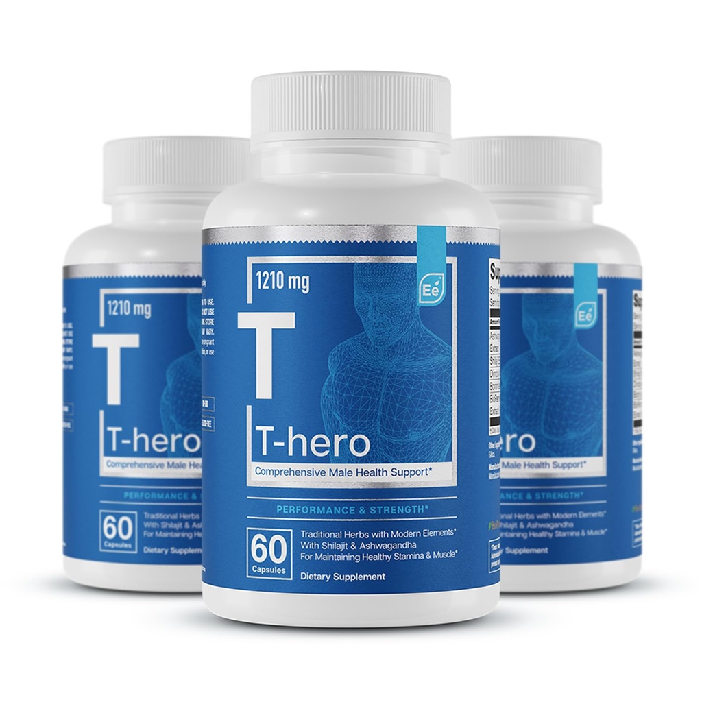 Væsentlige elementer Mandlige sundhed Supplement - Muskel Support & T- Sundhed med DIM, Ashwagandha, Shilajit, Mere Budd124; T- Hero 60 Vegan Kapsler (3- Pack)