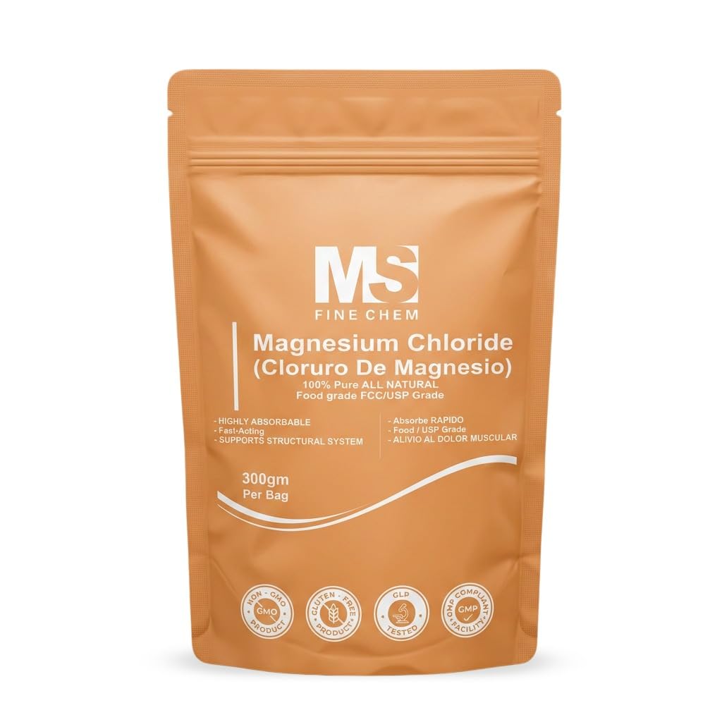 Cloruro de Magnesio 100% Pure Magnesium Chloride Food Grade 300 Grams Spiselige Magnesium Højt Absorberbare til daglig brug som supplement eller Magnesiumolie op til 600 Servere 10.58 Oz