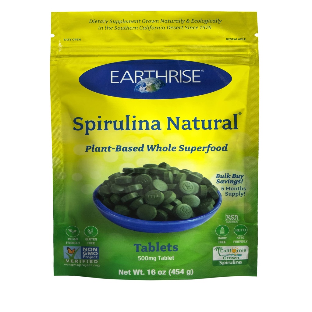 Earthrise Spirulina, Pure California Spirulina 500 mg, Vegan, Gluten Free, Keto Friendly, Non-GMO Super Food high in Vitamin & Minerals., 1 LB tabletter (150 Servering)