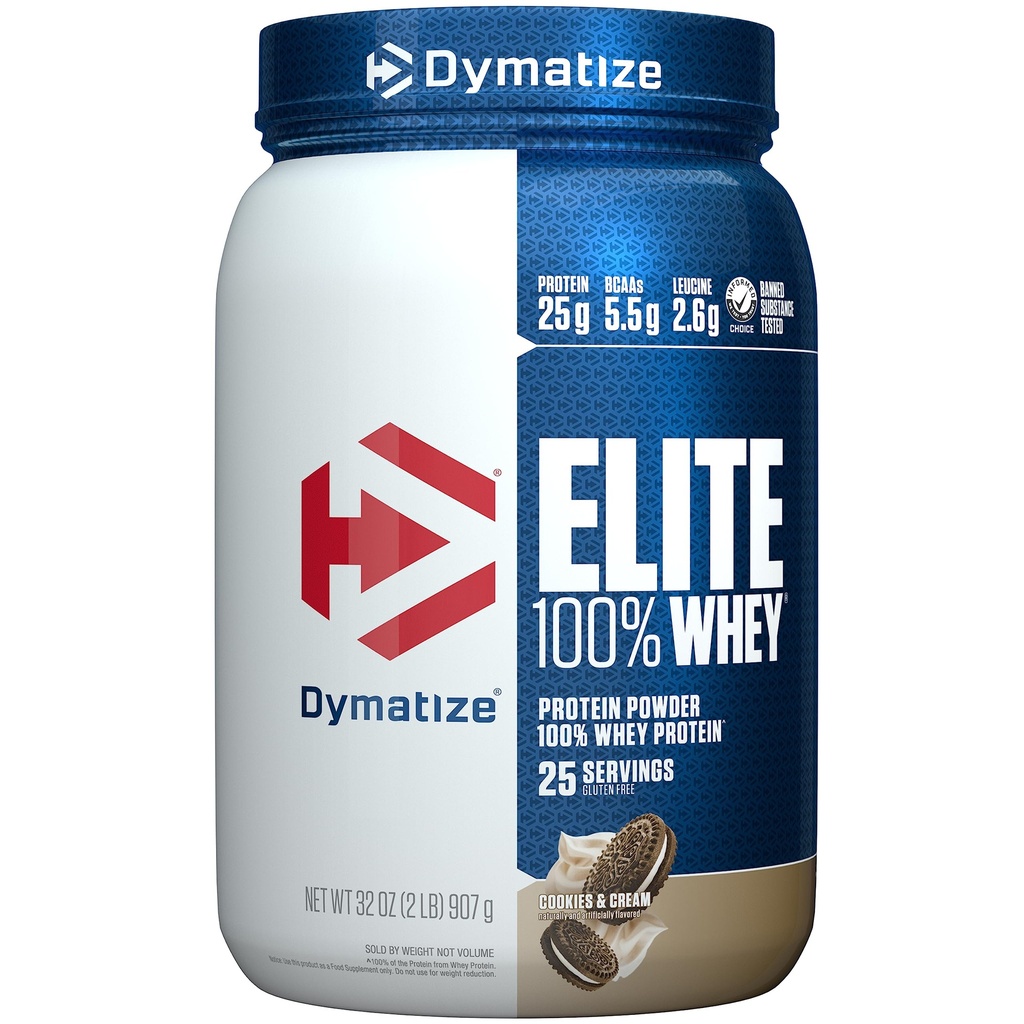 Dymatisere Elite 100% Whey Protein Powder, Cookies & Cream, 25g protein, 5,5g BCAA, mindre end 140 Cal., Gluten Free, 3g Carb, 2g sukker, 3g fedt (25 Servere)